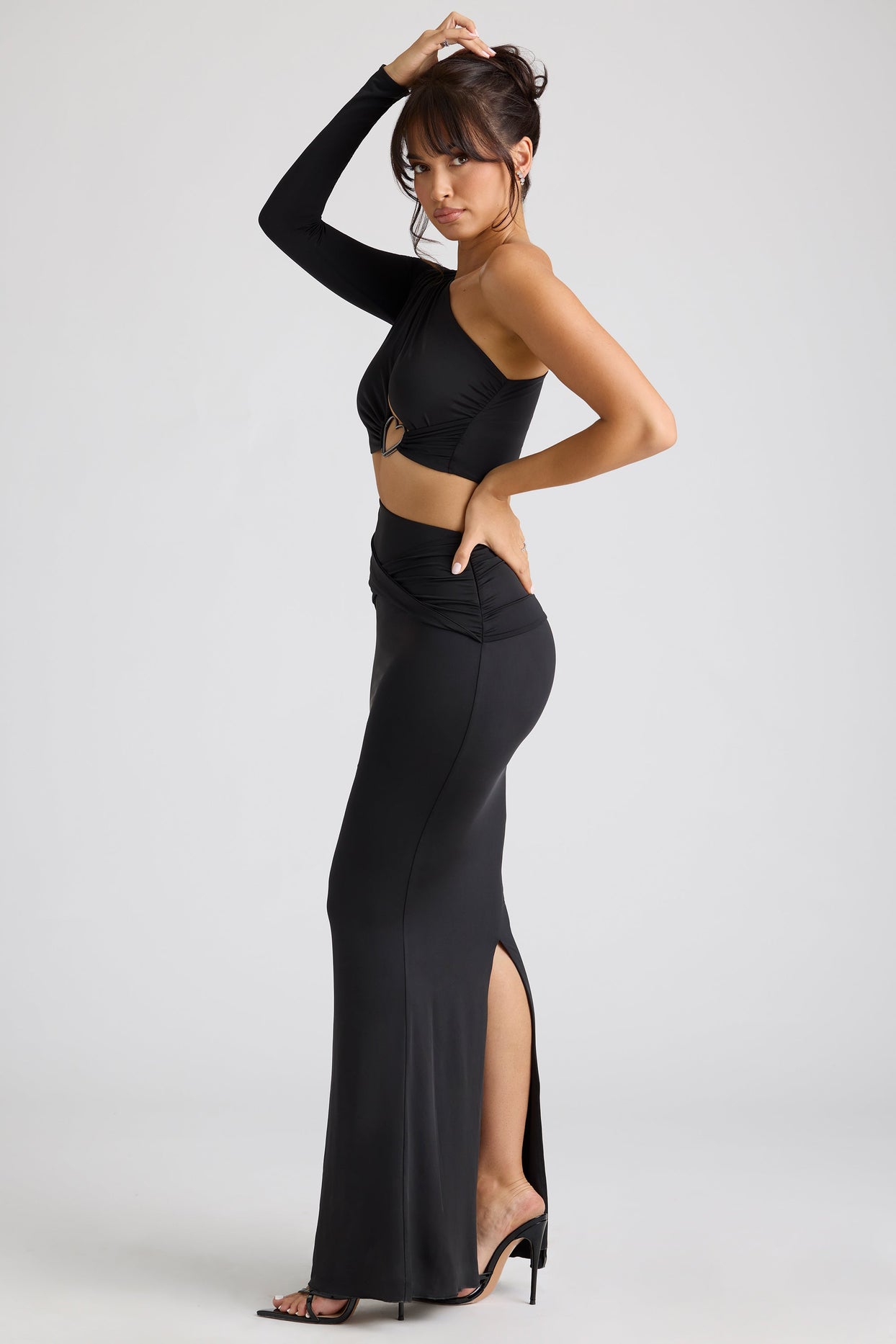 Estela Single Sleeve Cut Out Evening Gown in Black | Oh Polly