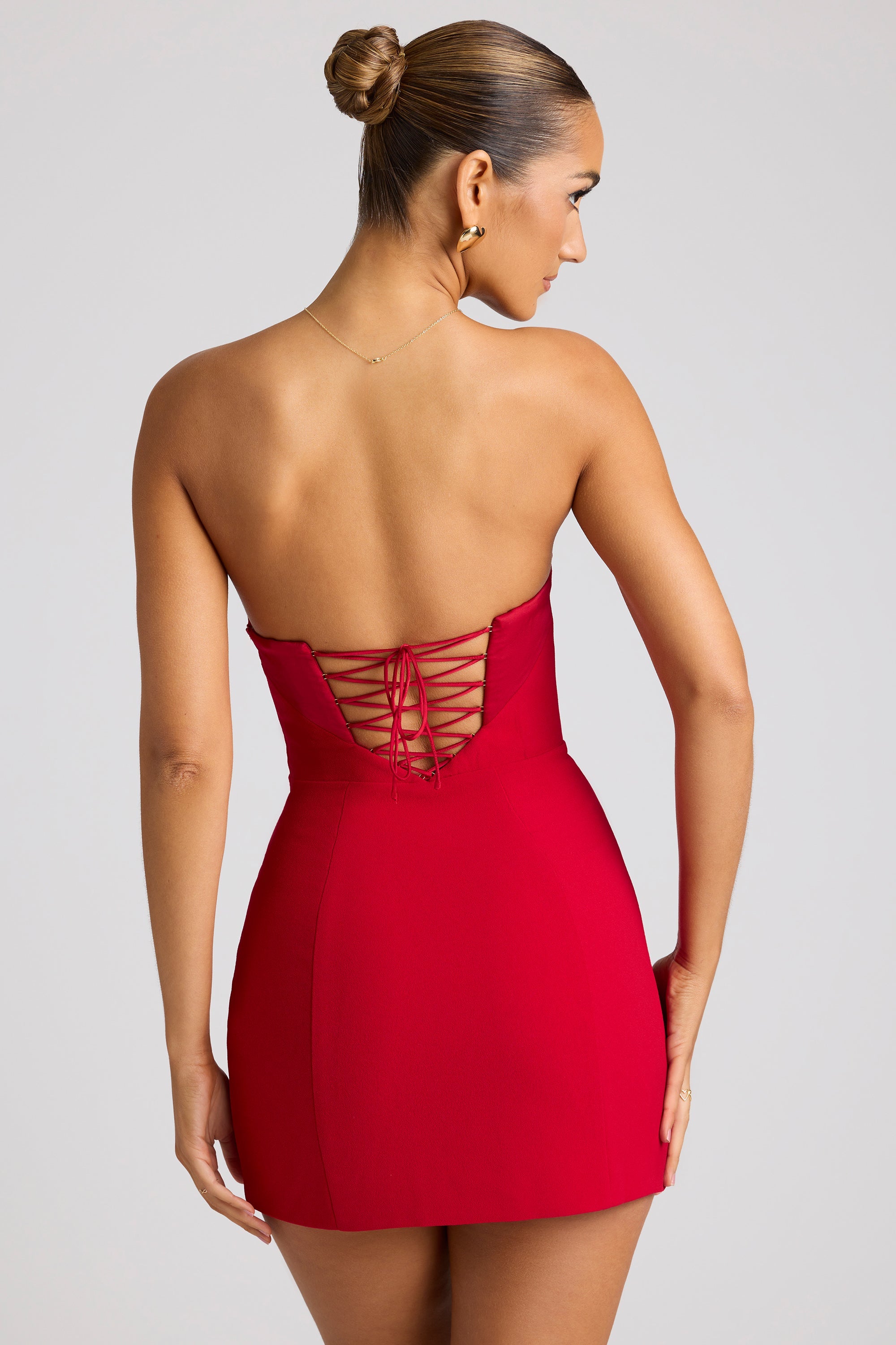 red strapless mini dress Simple Satin Short Formal Homecoming Custom Size / Custom Color and a corset Carette Strapless Mini Dress Red