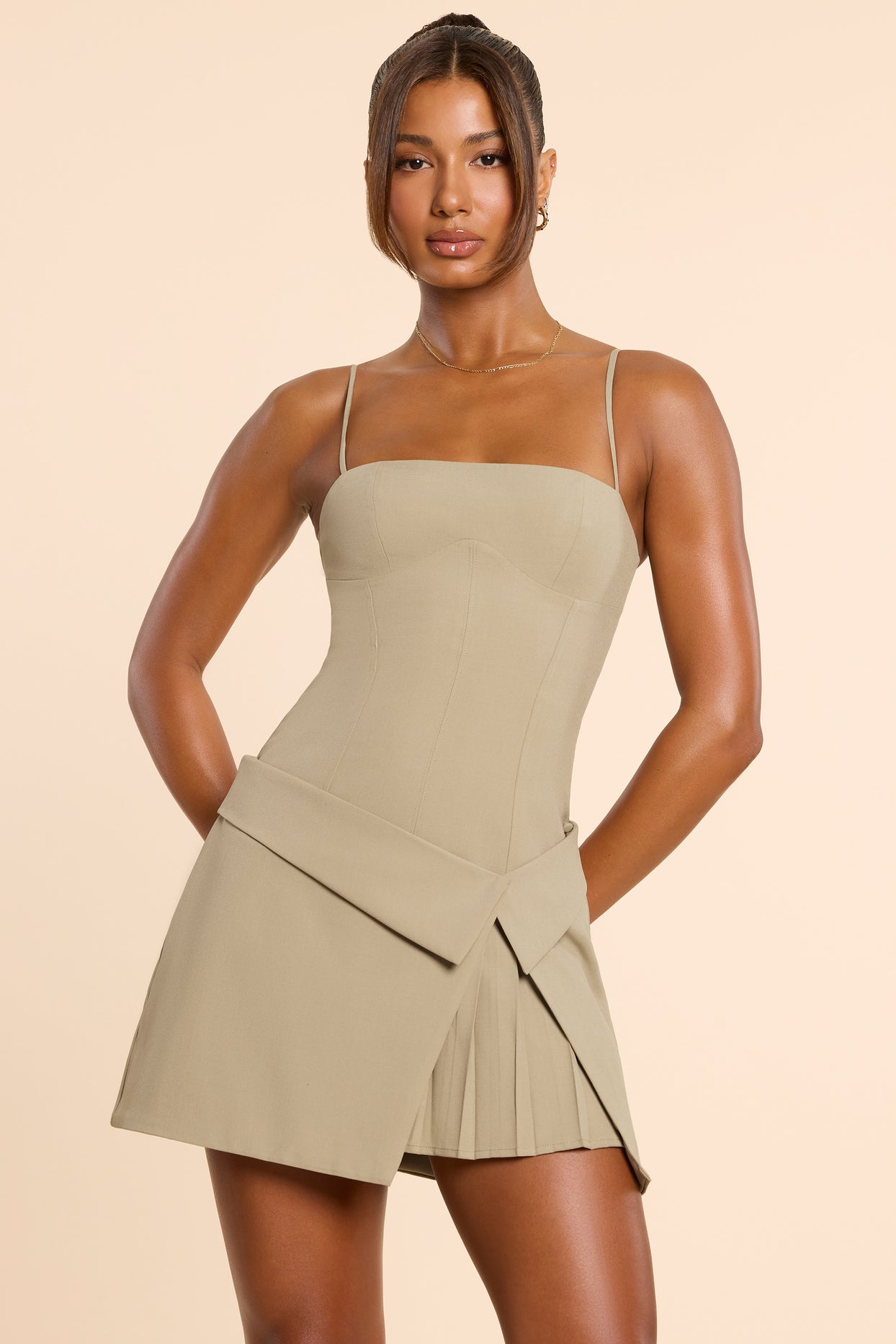 Bruna Woven Twill Wrap Over Pleated Mini Dress in Taupe | Oh Polly