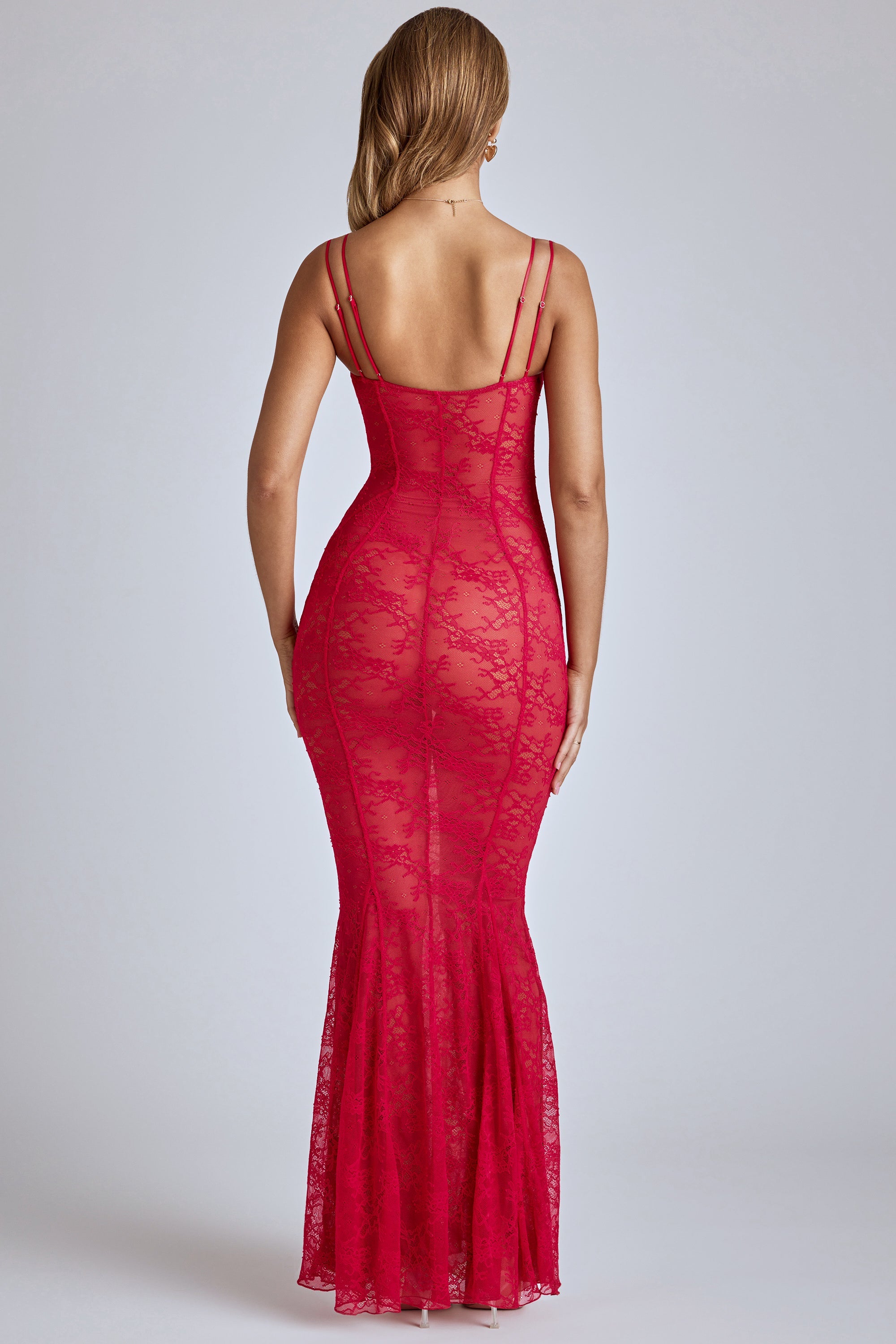 Vestido Fishtail de renda transparente em vermelho cereja