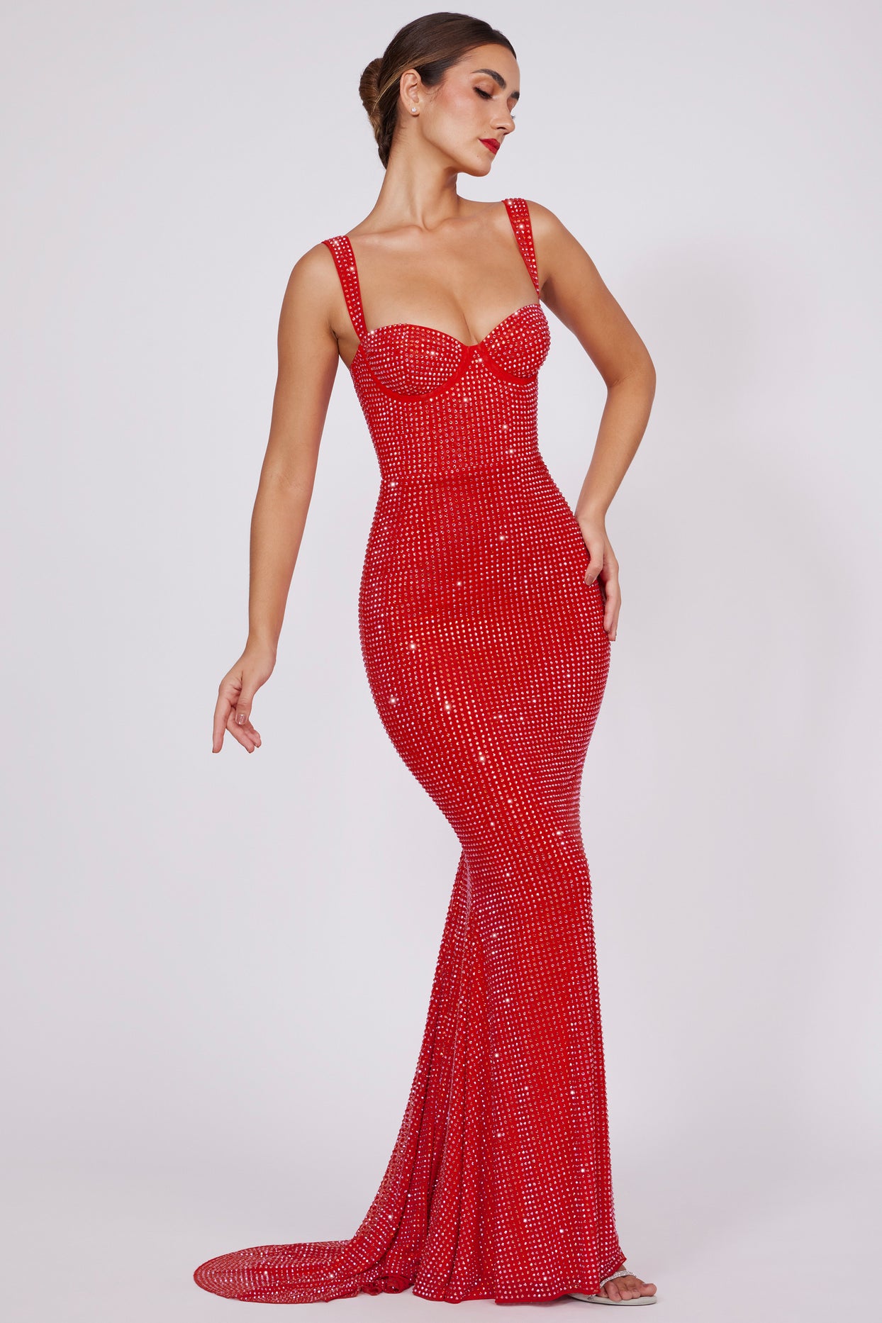 Idalia Embellished Corset Fishtail Evening Gown in Fire Red | Oh Polly