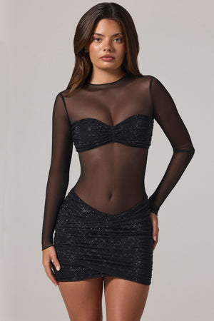 Sheer Panelled Long Sleeve Mini Dress in Black