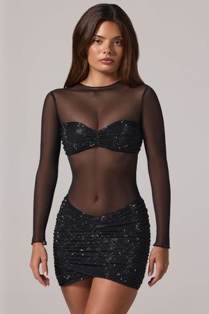 Sheer Embellished High-Neck Long Sleeve Mini Dress in Black - 4 | Oh Polly Sheer Embellished High-Neck Long Sleeve Mini Dress in Black - 4 | Oh Polly