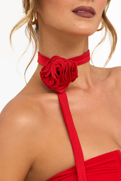 Roisin Slinky Jersey Wide Strap Flower Tie Choker in Scarlet Red