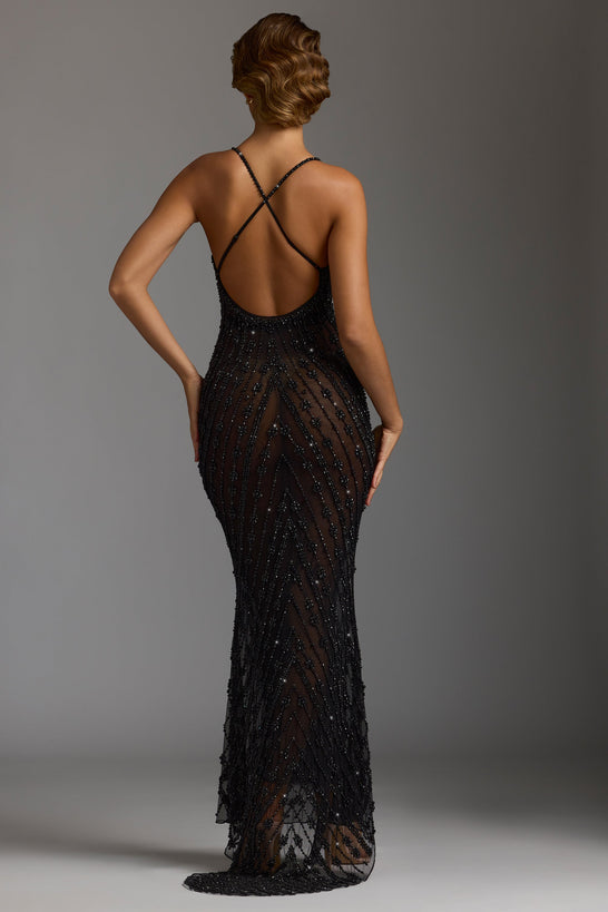 Vestido de noche transparente adornado a mano en negro