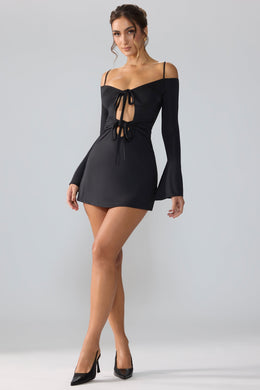 Sidney Slinky Jersey Long Sleeve Cut Out A-Line Mini Dress in Black
