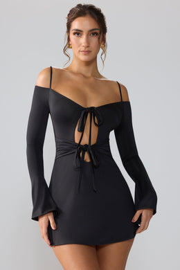 Slinky Jersey Long Sleeve Cut Out Mini Dress in Black