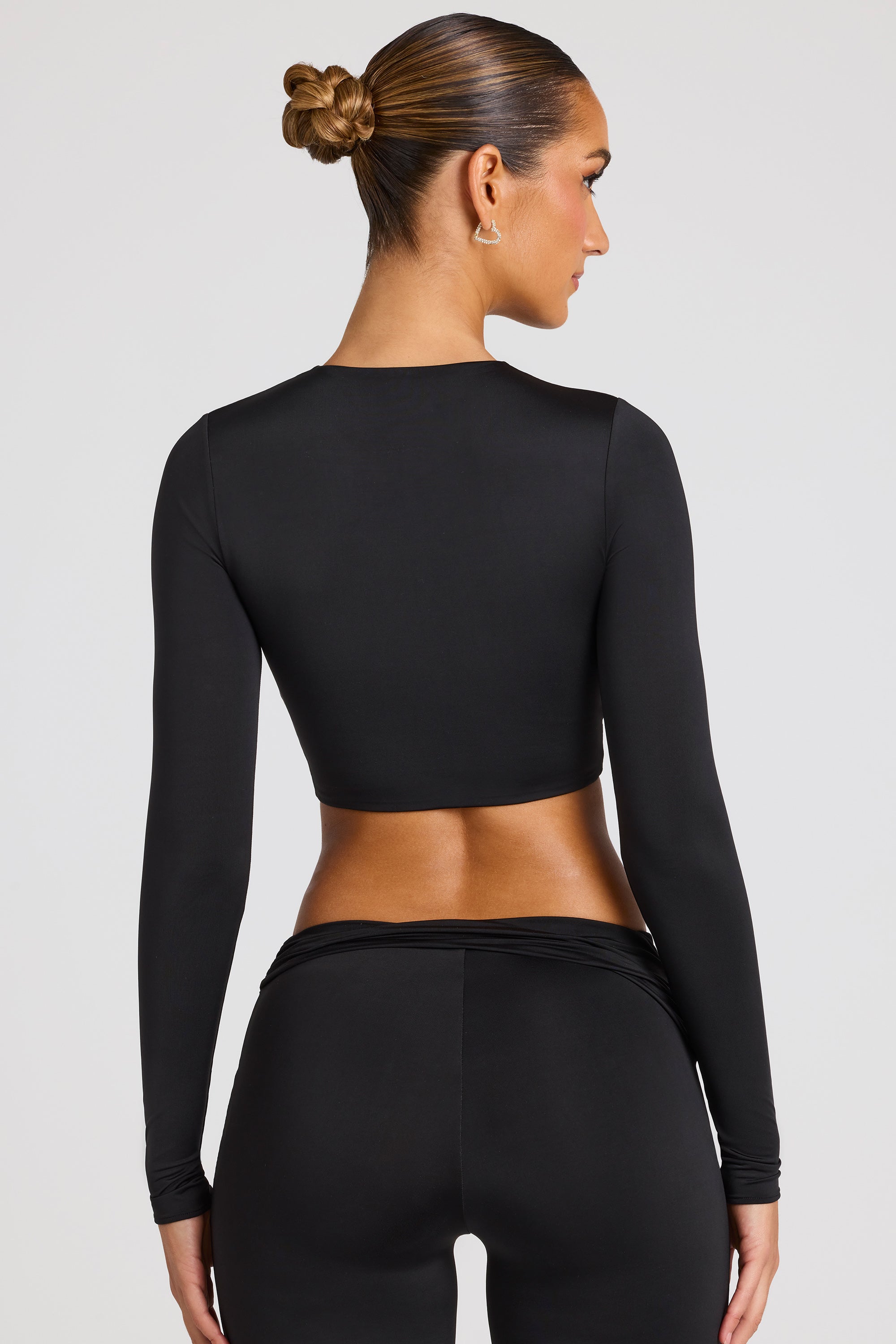 Sheer Panelled Long Sleeve Crop Top in Black