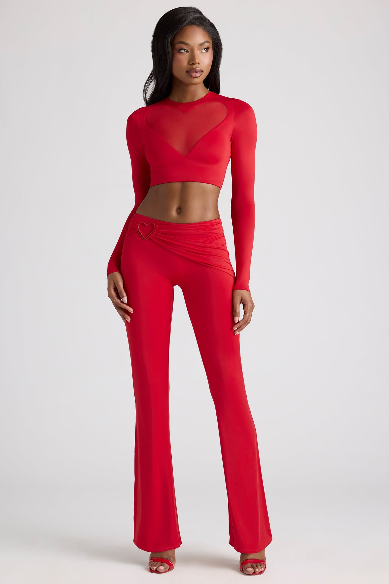Solea Sheer Panelled Long Sleeve Crop Top in Fire Red | Oh Polly