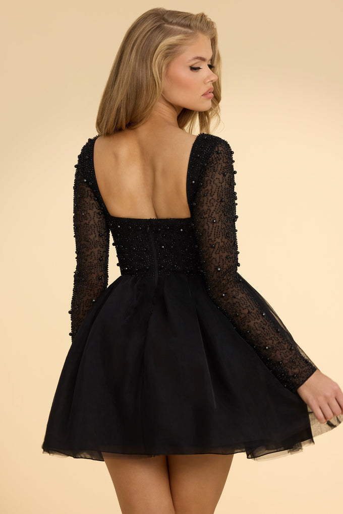 Plunge Neck Tulle Mini Dress in Black
