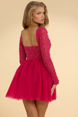 Plunge Neck Tulle Mini Dress in Hot Pink