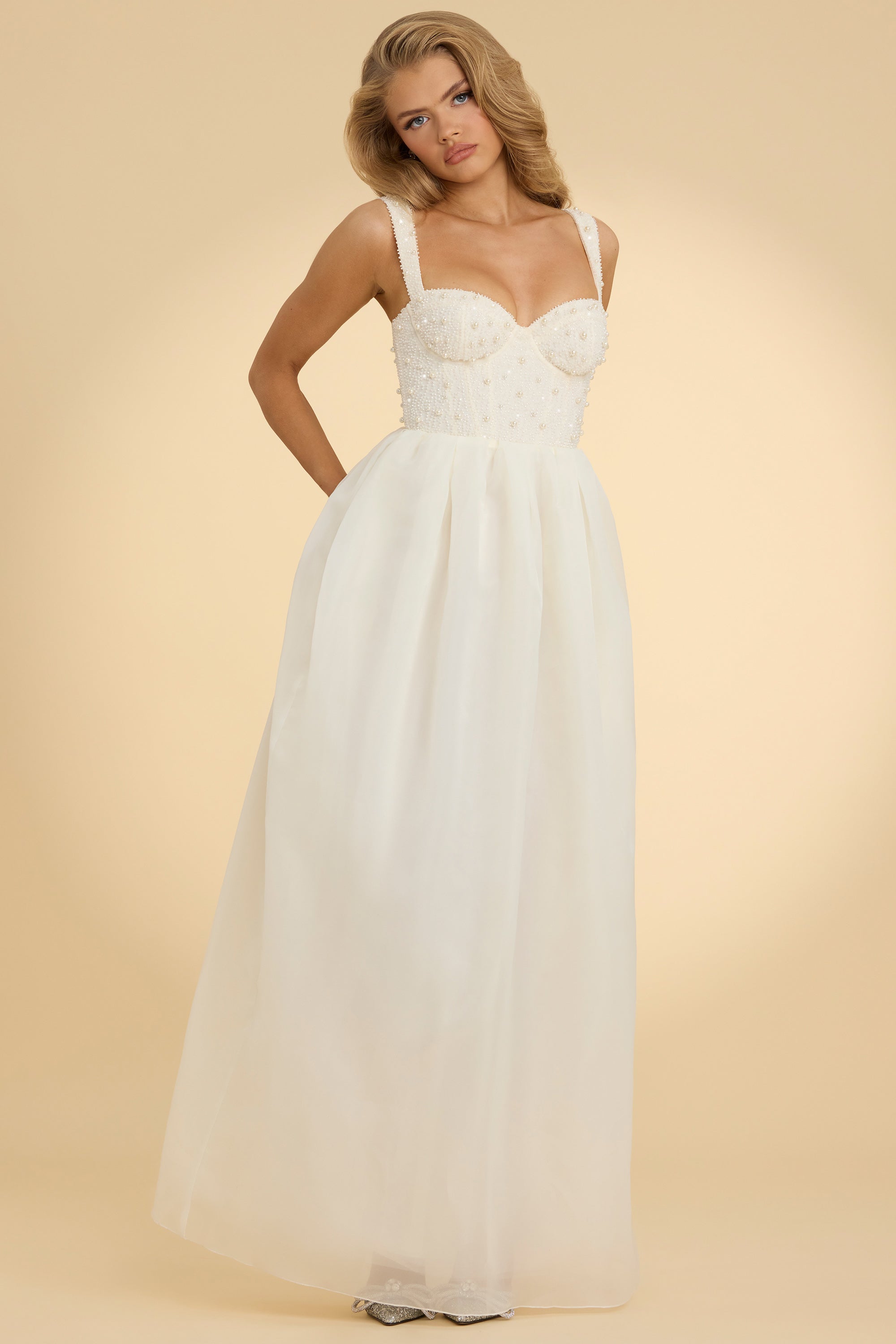 Vestido Maxi Corset Organza em Branco