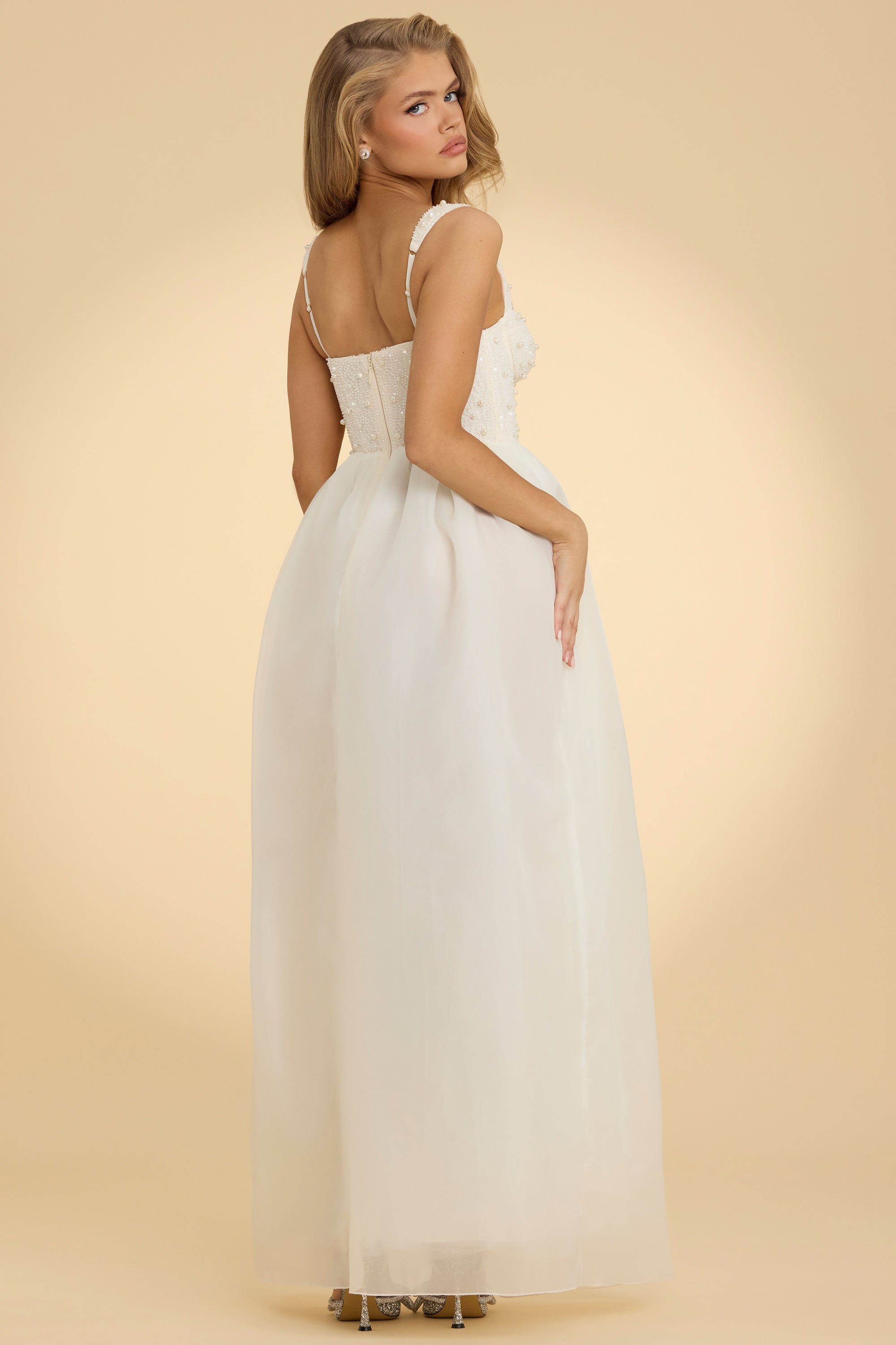 Vestido Maxi Corset Organza em Branco