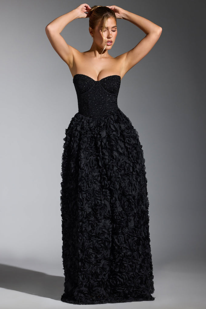Embellished Floral-Appliqué Corset Gown in Black