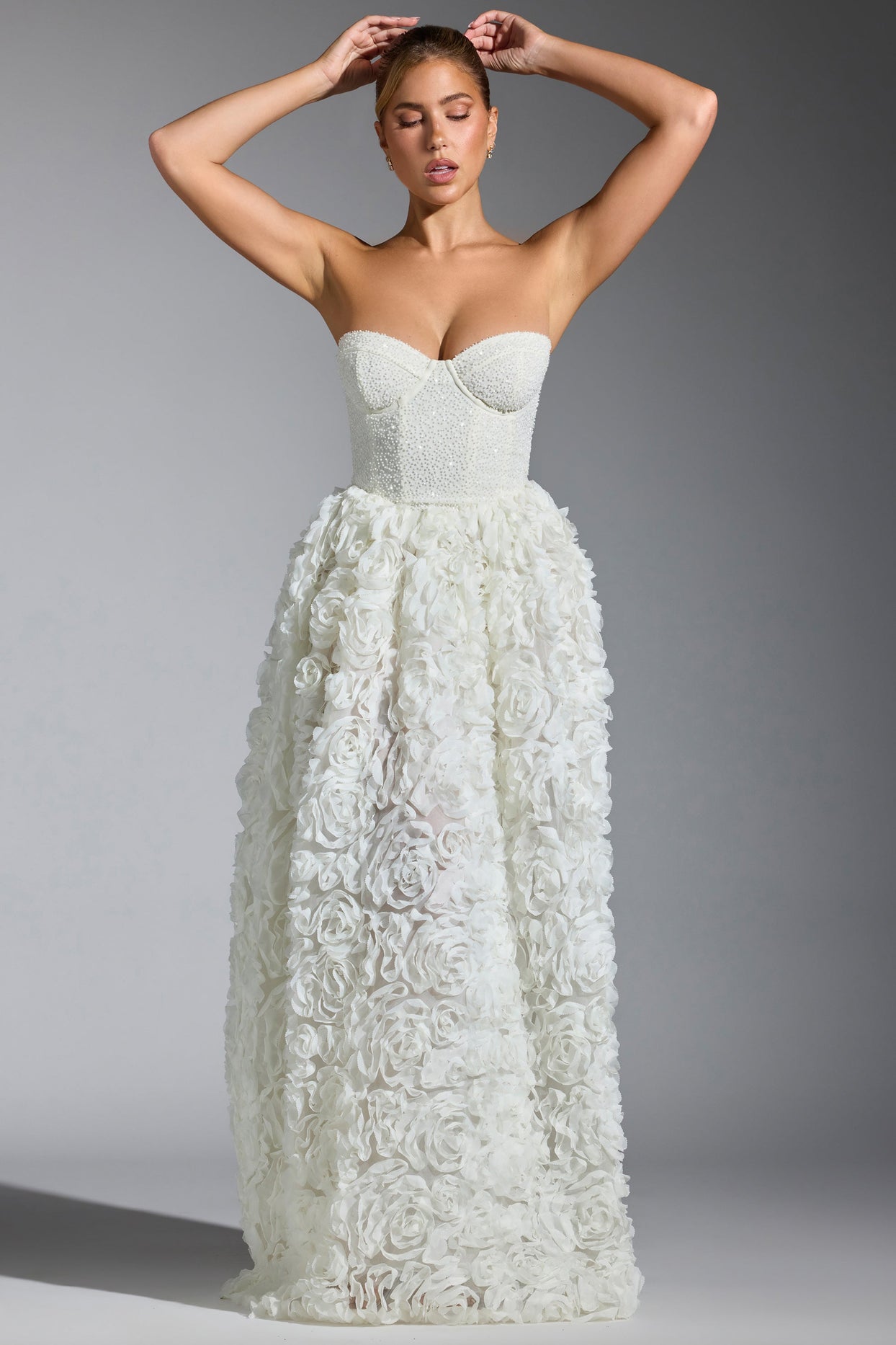 Camellia Embellished Floral-Appliqué Corset Gown in White | Oh Polly