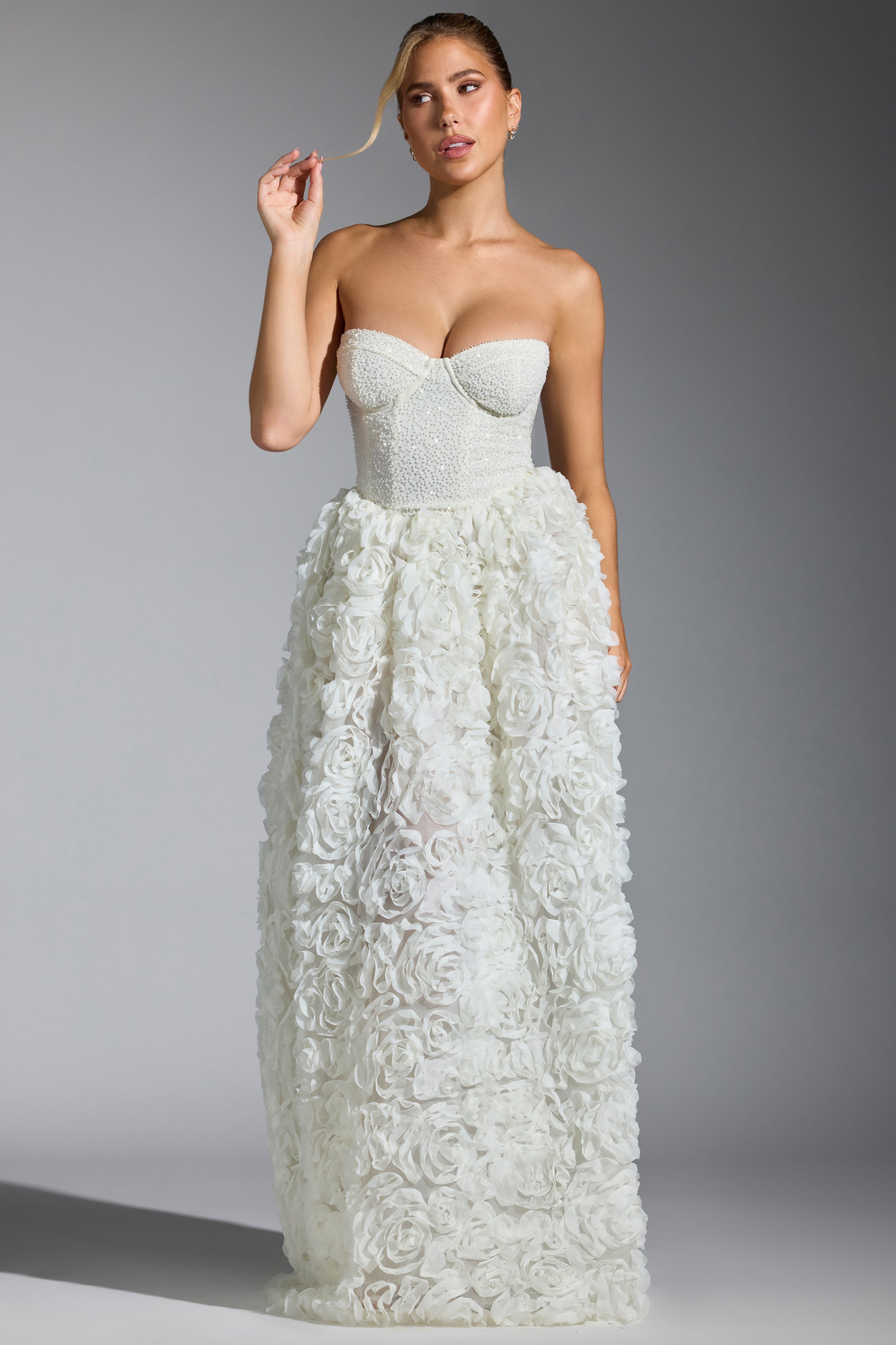 Camellia Embellished Floral-Appliqu Corset Gown in White | Oh Polly Camellia Embellished Floral-Appliqu Corset Gown in White | Oh Polly
