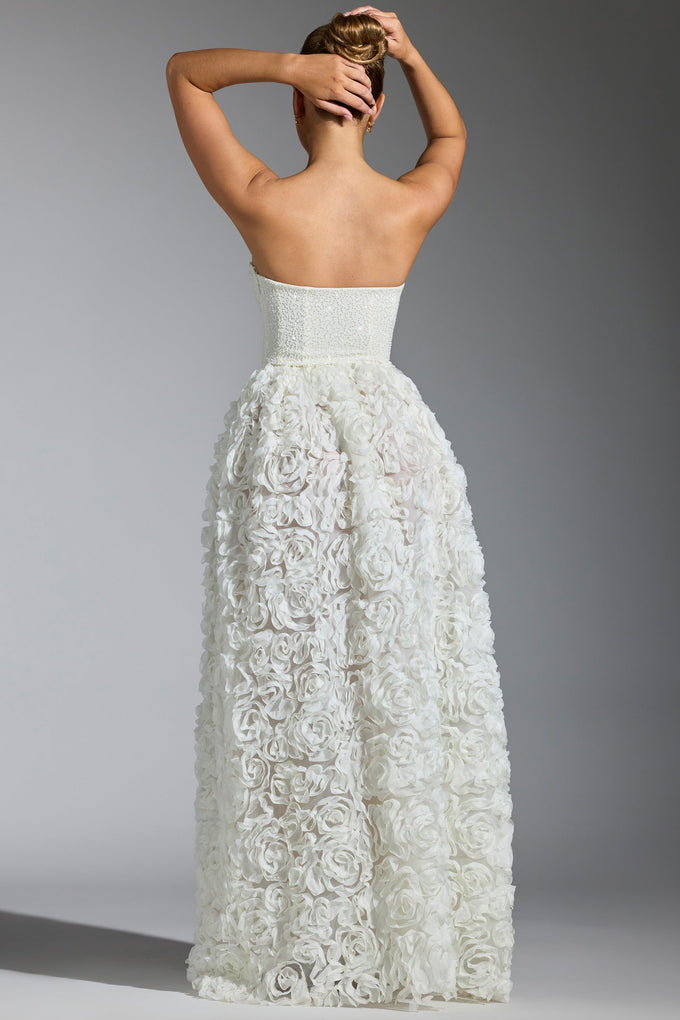 Embellished Floral-Appliqué Corset Gown in White