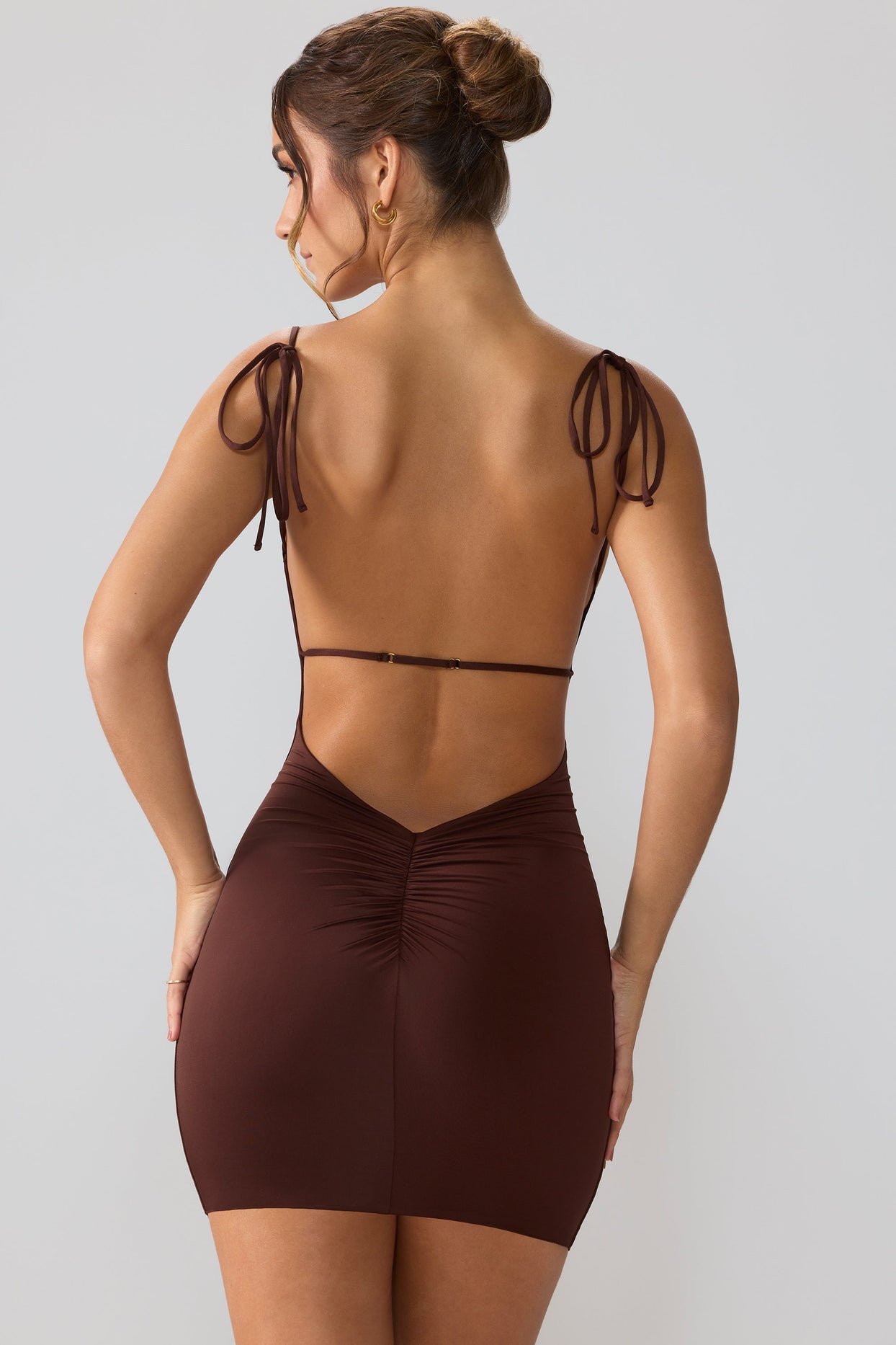Orli Slinky Jersey Asymmetric Neckline Open Back Mini Dress in Brown | Oh Polly Orli Slinky Jersey Asymmetric Neckline Open Back Mini Dress in Brown | Oh Polly