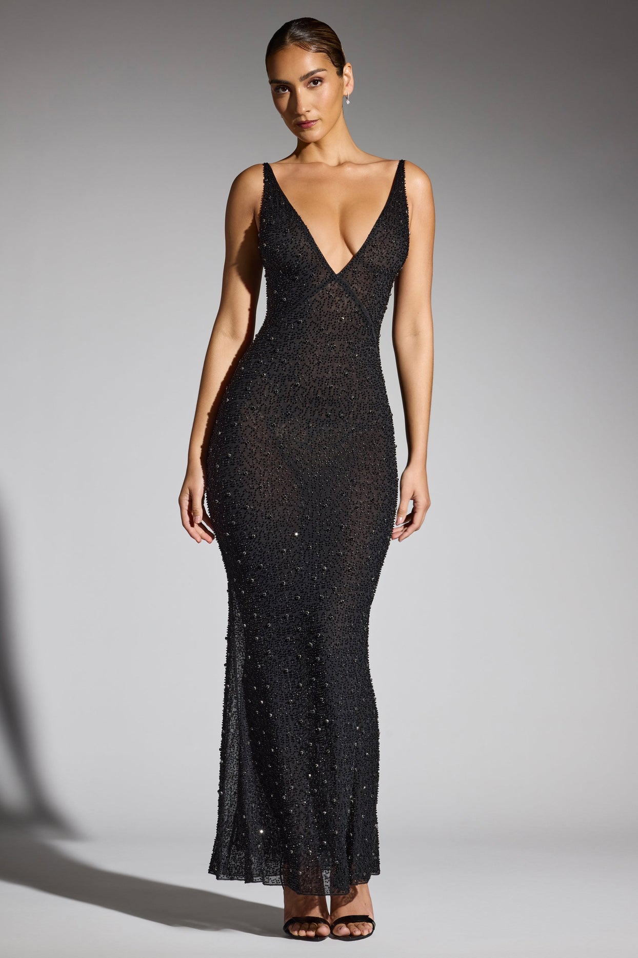 Colmar Embellished Plunge Neck Evening Gown in Black | Oh Polly