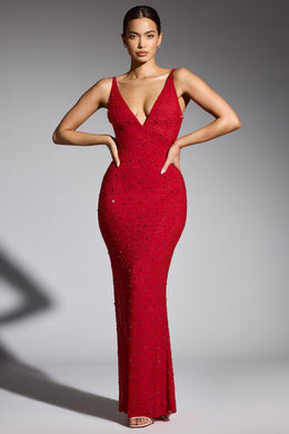 Embellished Plunge Neck Evening Gown in Red