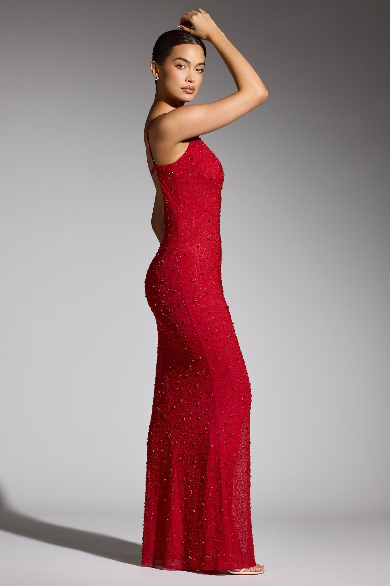 Embellished Plunge Neck Evening Gown in Red