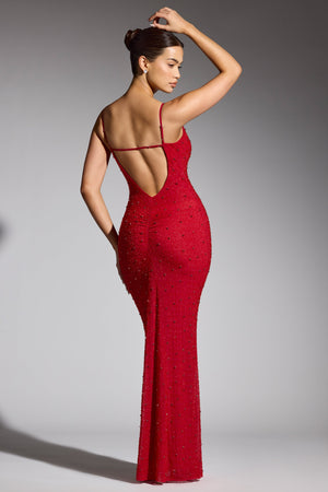 Colmar Embellished Plunge Neck Evening Gown in Red | Oh Polly