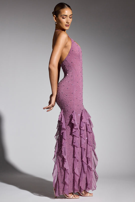 Anley Embellished Halter Neck Ruffle Maxi Dress in Grape | Oh Polly Anley Embellished Halter Neck Ruffle Maxi Dress in Grape | Oh Polly