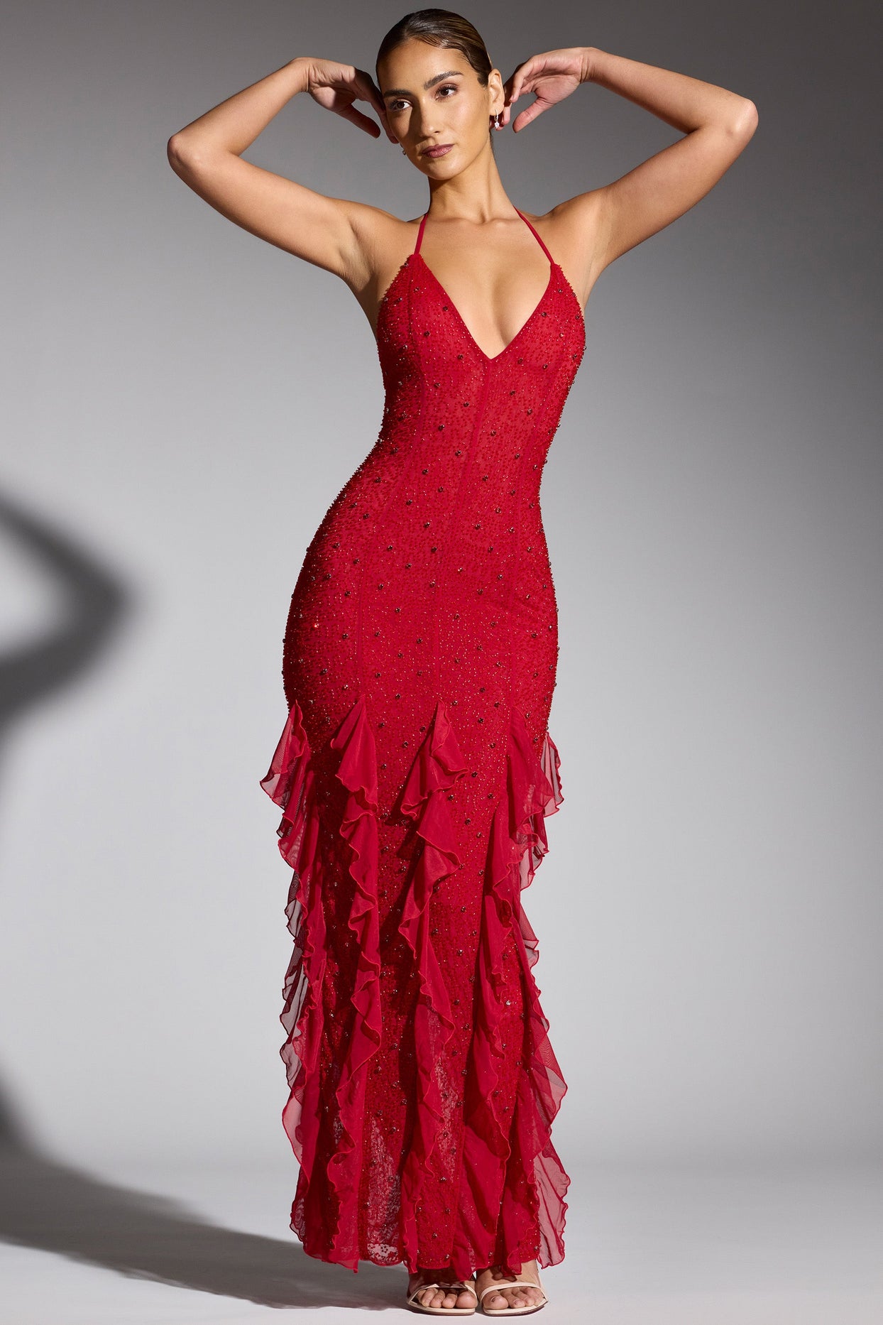 Azalea Fit & Flare Halter Dress Size M Red Eyelet Plunge Neck Buit in Bra  Lined