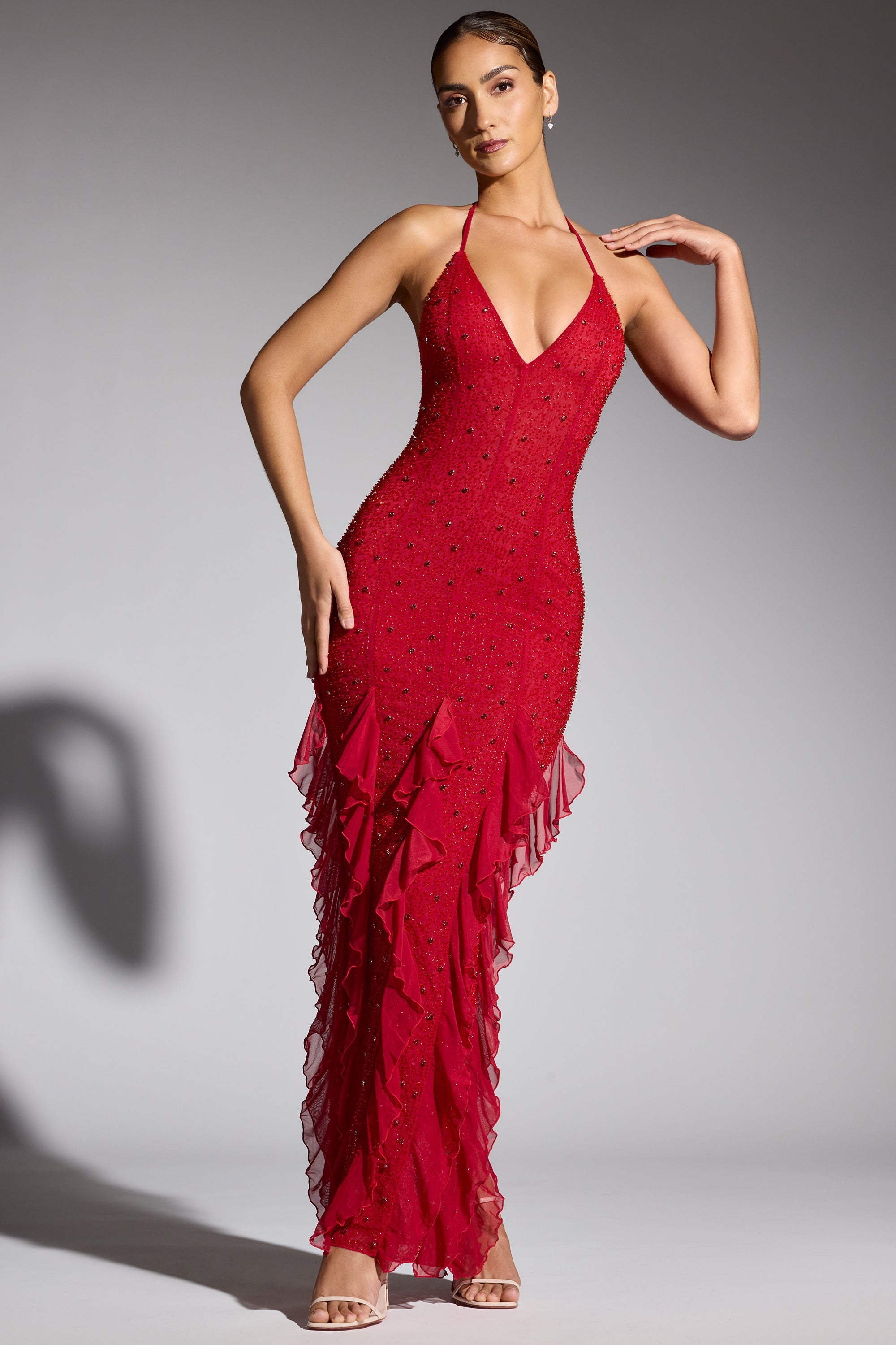Anley Embellished Halter Neck Ruffle Maxi Dress in Red | Oh Polly