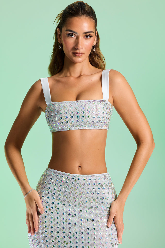 Embellished Square Neck Crop Top in Silver