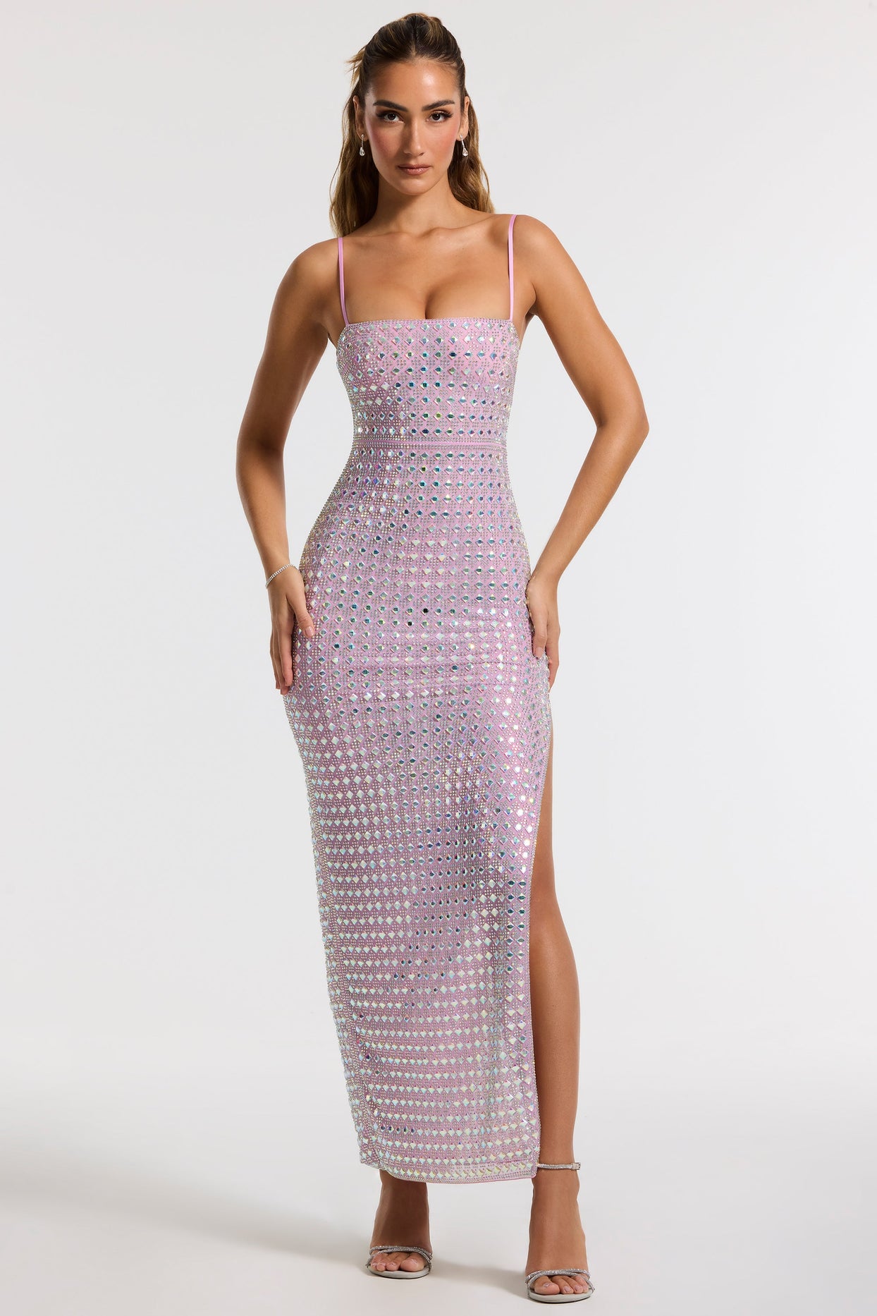 Embellished Square Neck Evening Gown in Lilac