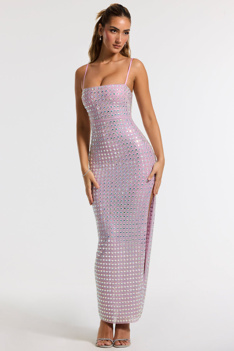 Prisha Embellished Square Neck Evening Gown in Lilac | Oh Polly