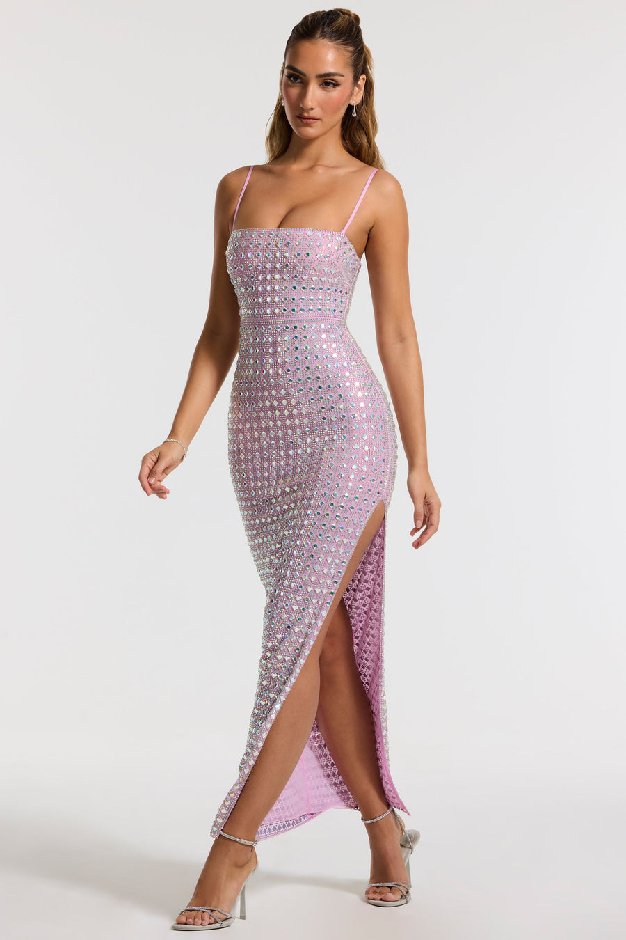 Prisha Embellished Square Neck Evening Gown in Lilac | Oh Polly