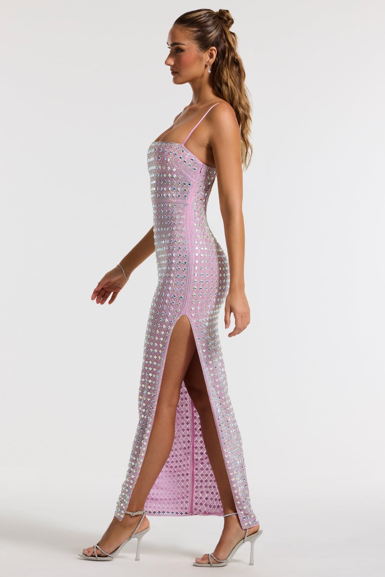 Embellished Square Neck Evening Gown in Lilac