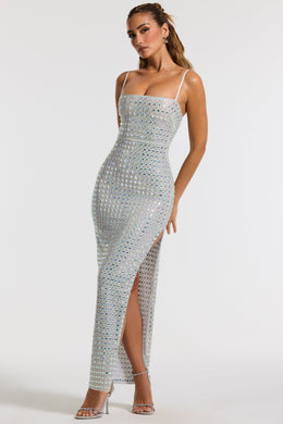 Embellished Square Neck Evening Gown in Silver