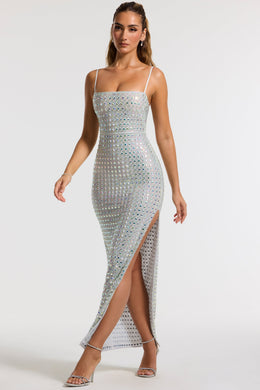 Embellished Square Neck Evening Gown in Silver