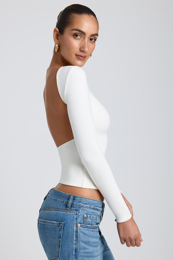 Modal High Neck Long Sleeve Open Back Top in White - 2