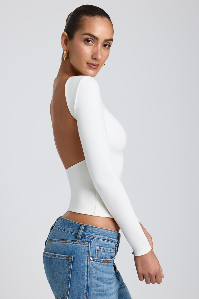 Modal High Neck Long Sleeve Open Back Top in White - 2