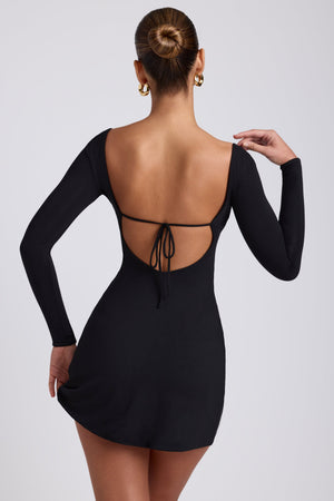 black square neck long sleeve mini dress Wilder | Black Embellished Square-Neck Long-Sleeve Skater Mini Dress