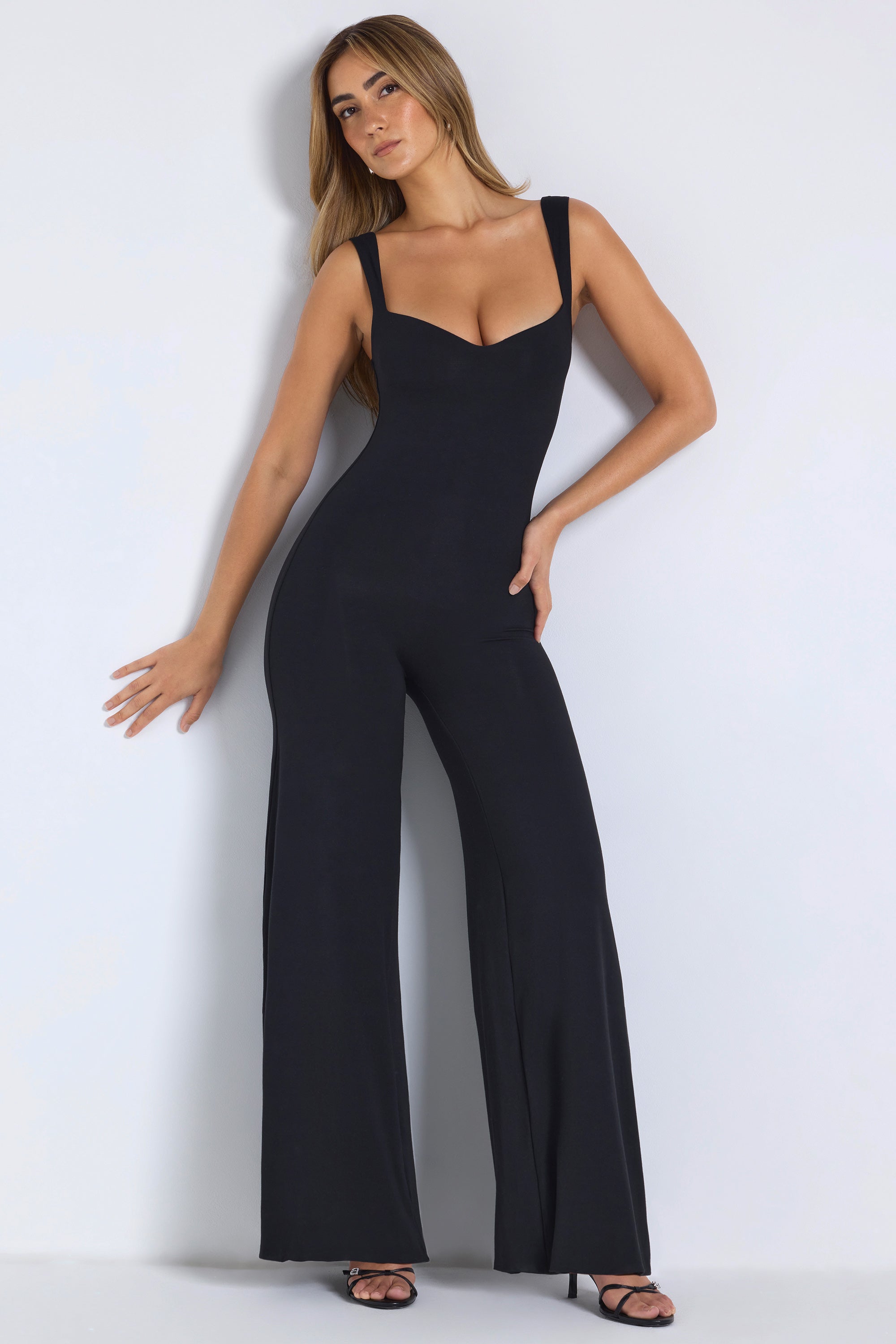 Oh Polly Modal Sweetheart Neckline Wide Leg Jumpsuit in Black XXS