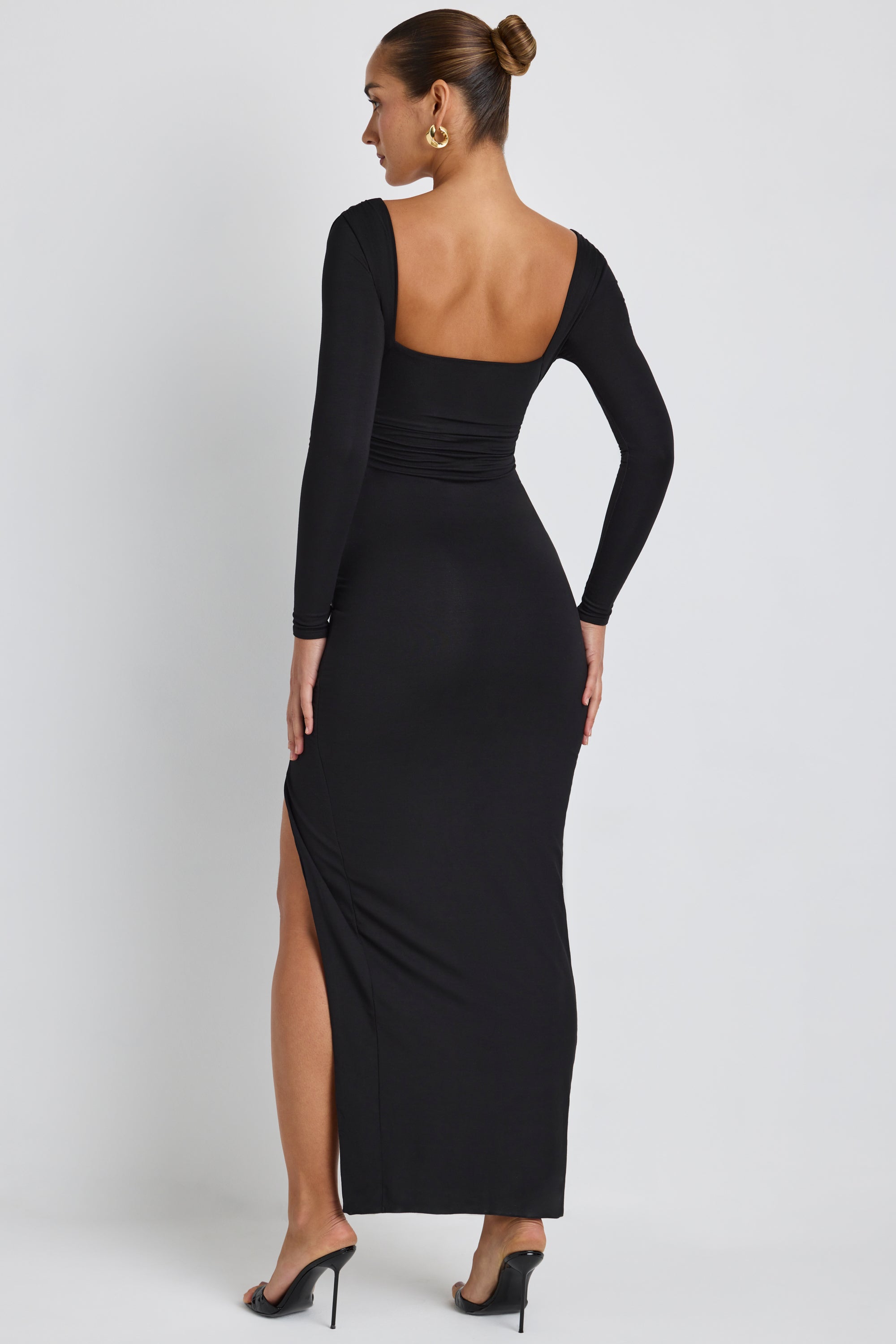 Marcela Modal Plunge Neck Long Sleeve Maxi Dress in Black | Oh Polly