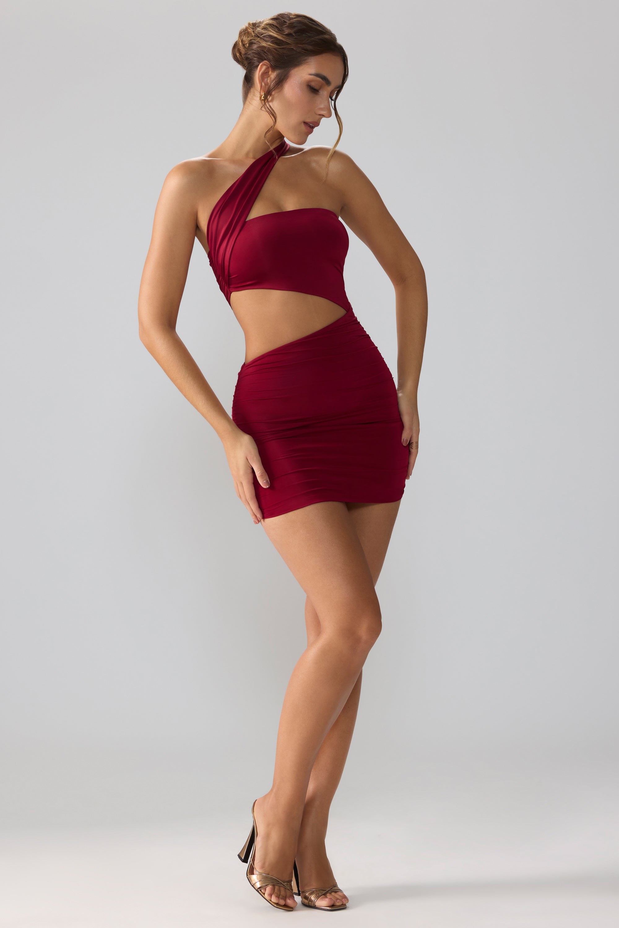 Slinky Jersey Ruched Cut Out Mini Dress in Ruby - 10 | Oh Polly Slinky Jersey Ruched Cut Out Mini Dress in Ruby - 10 | Oh Polly