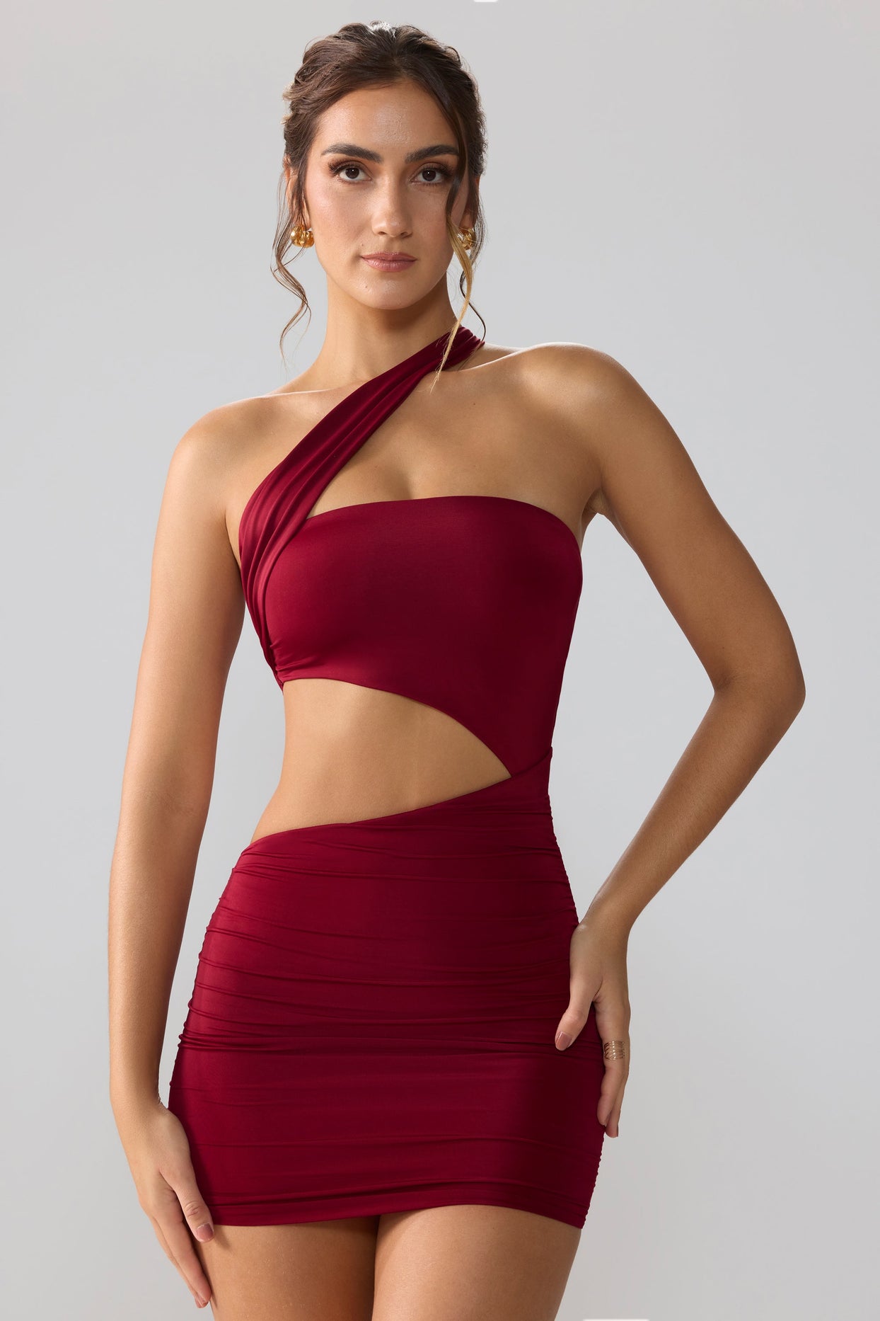 Slinky Jersey Ruched Cut Out Mini Dress in Ruby