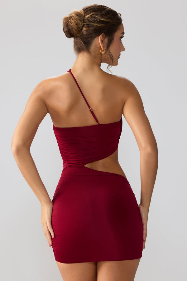 Slinky Jersey Ruched Cut Out Mini Dress in Ruby - 2