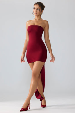 Premium Jersey Lace Up Back Mini Dress with Train in Ruby