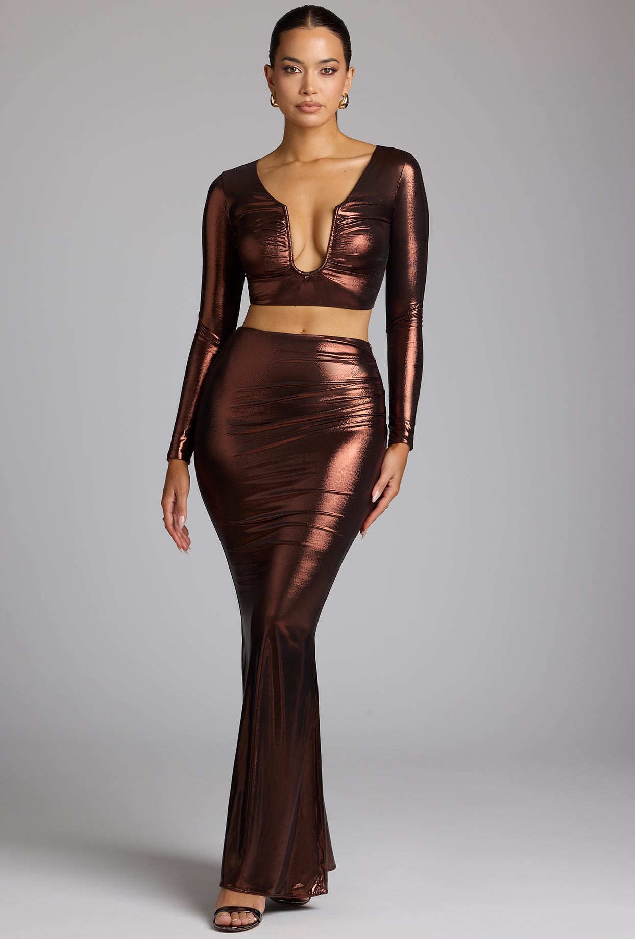 Mid Rise Metallic Jersey Maxi Skirt in Copper Bronze
