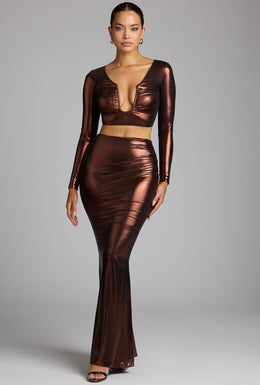 Saia vestido de jérsei metálico de cintura média em cobre bronze