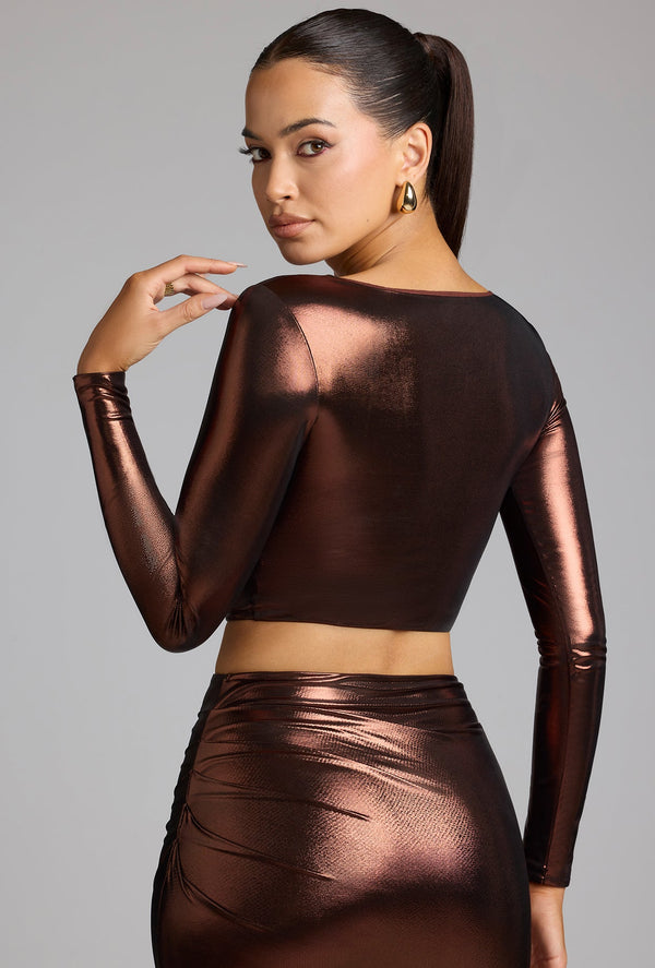Plunge Neck Metallic Jersey Crop Top in Copper Bronze - 2