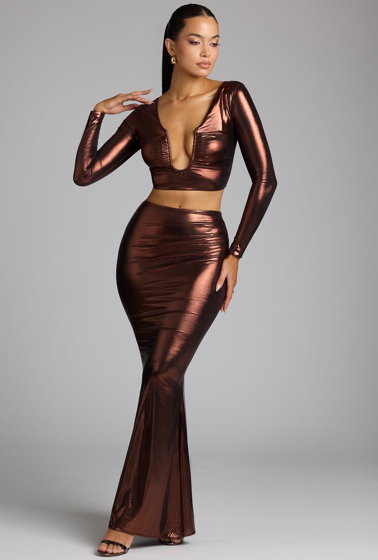 Mid Rise Metallic Jersey Maxi Skirt in Copper Bronze