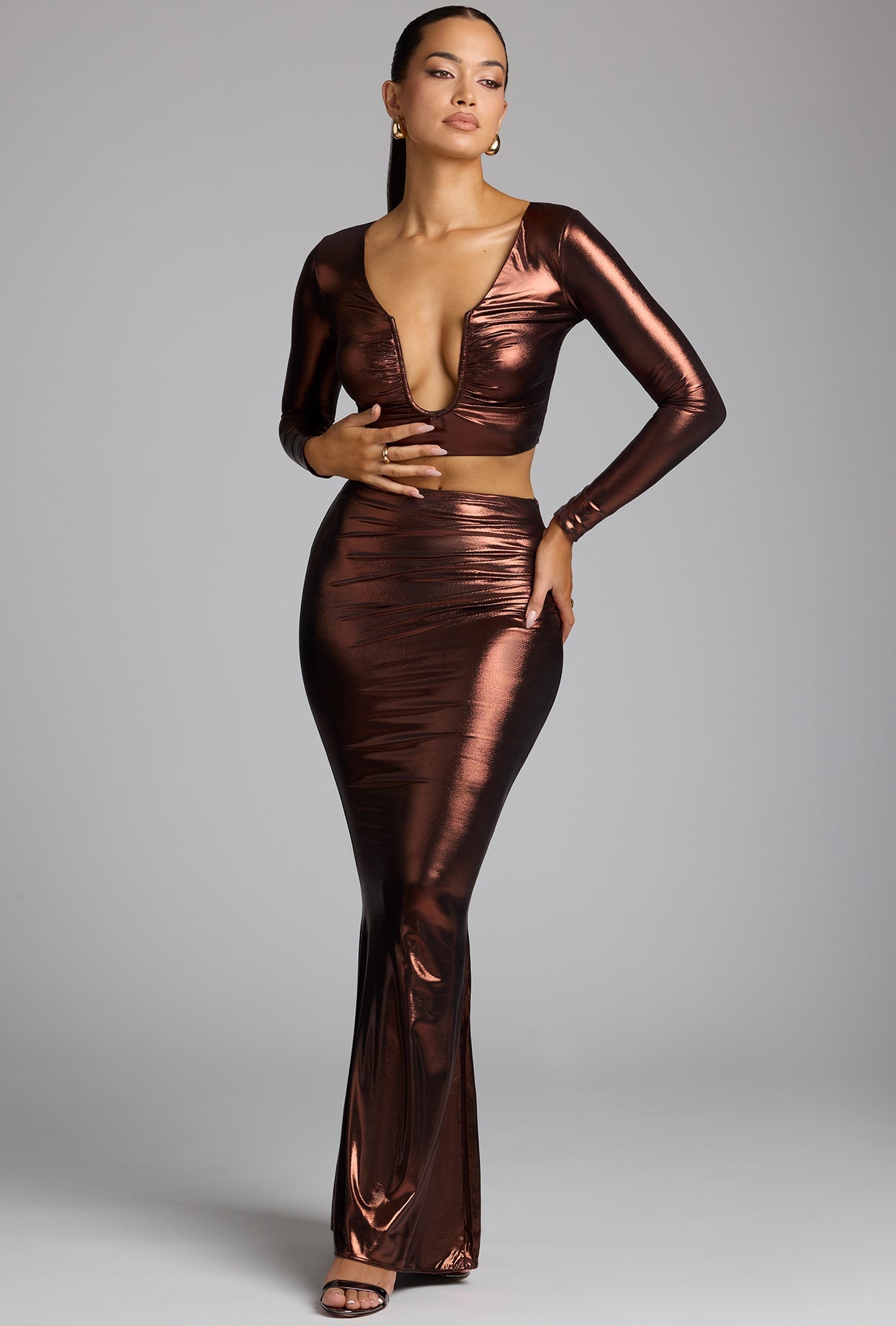 Saia vestido de jérsei metálico de cintura média em cobre bronze